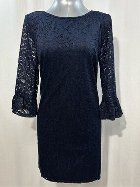 imPRESS Navy Lace Shift Dress with Bell  Sleeve Ruffle Detail cocktail party 510
